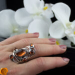 Large Cognac Amber Silver Ring - Image 2