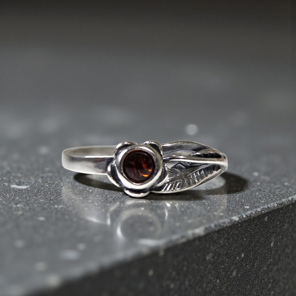 Small Leaf Baltic Amber Ring Sterling Silver, Dainty Flower Gemstone Stone Crystal Minimalist Stack Rings