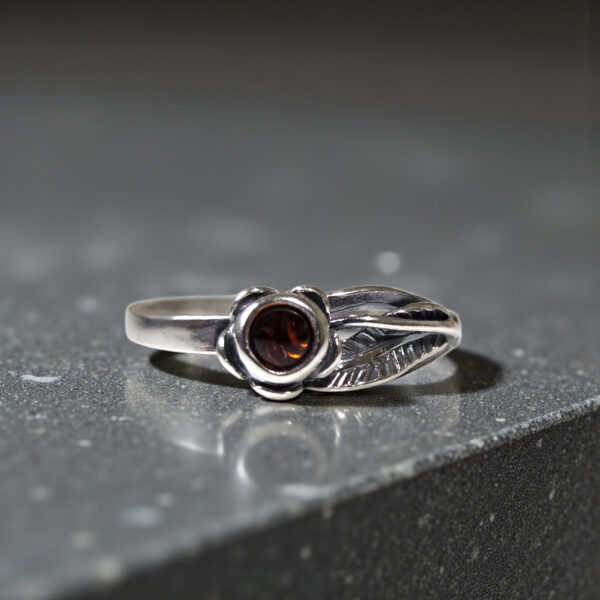 Small Leaf Baltic Amber Ring Sterling Silver, Dainty Flower Gemstone Stone Crystal Minimalist Stack Rings