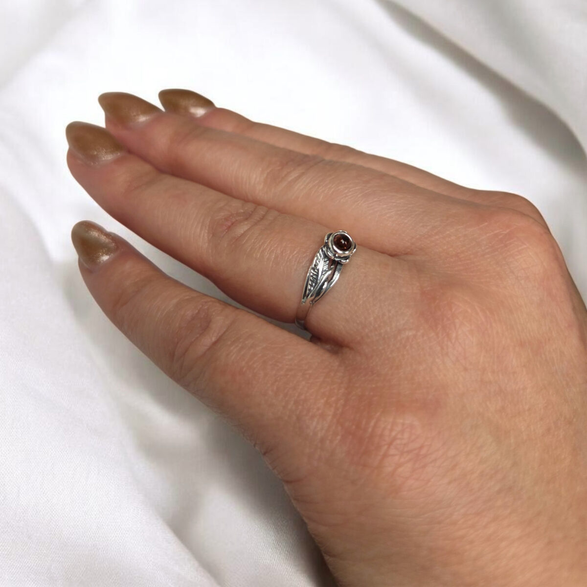 Dainty Amber Flower Silver Leaf Ring - Image 3