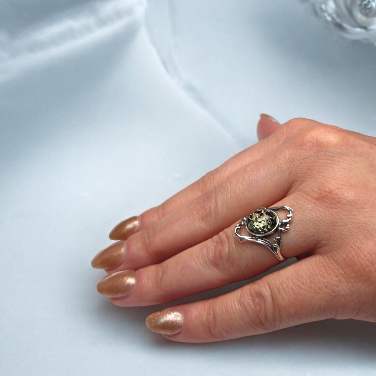 Vintage Green Baltic Amber Ring Silver, Large Natural Gemstone Green Stone Rings for Women Wife Mother