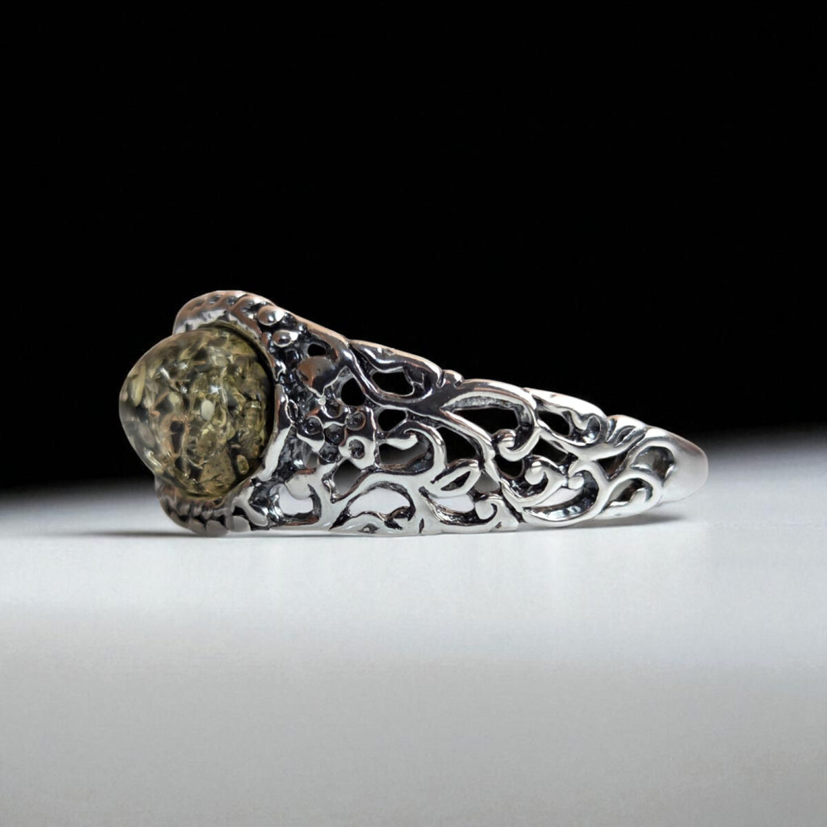 Green Natural Baltic Amber Gemstone Sterling Silver Ring for Women, Large Silver Small Stone Everyday Real Dainty Amber Rings for Wife Her