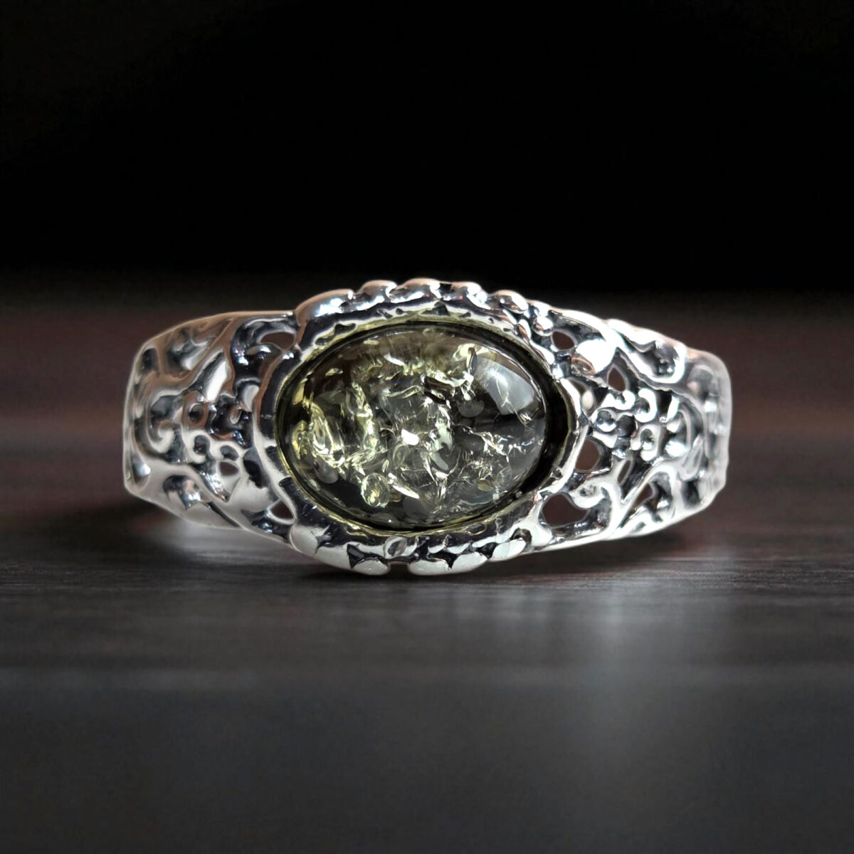 Green Natural Baltic Amber Gemstone Sterling Silver Ring for Women, Large Silver Small Stone Everyday Real Dainty Amber Rings for Wife Her