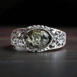 Green Natural Baltic Amber Gemstone Sterling Silver Ring for Women, Large Silver Small Stone Everyday Real Dainty Amber Rings for Wife Her