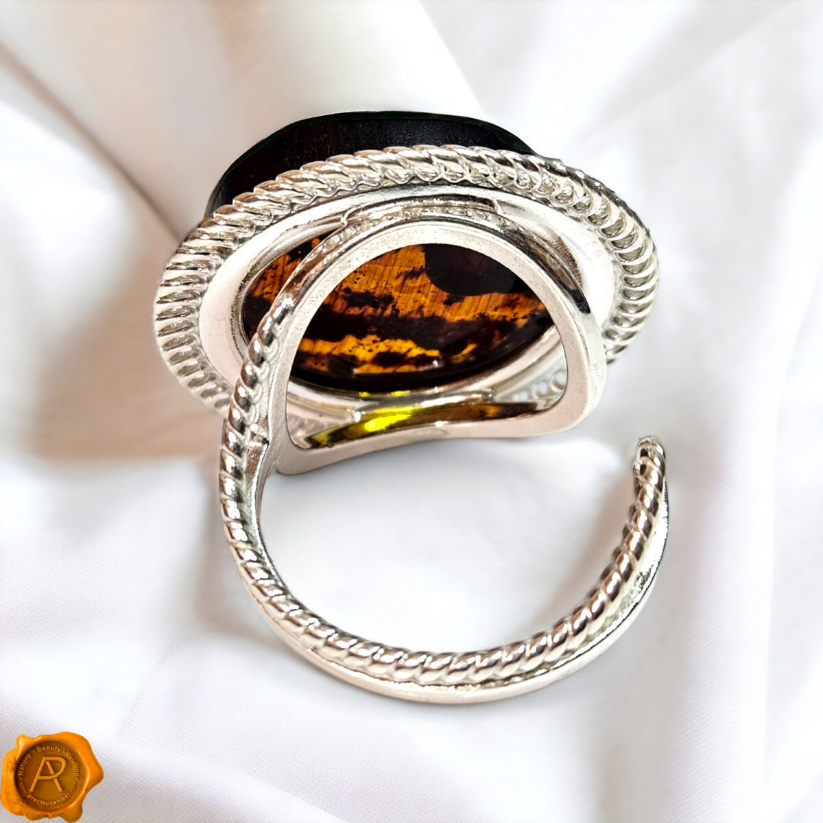 Adjustable Raw Amber Silver Protection Ring - Image 4