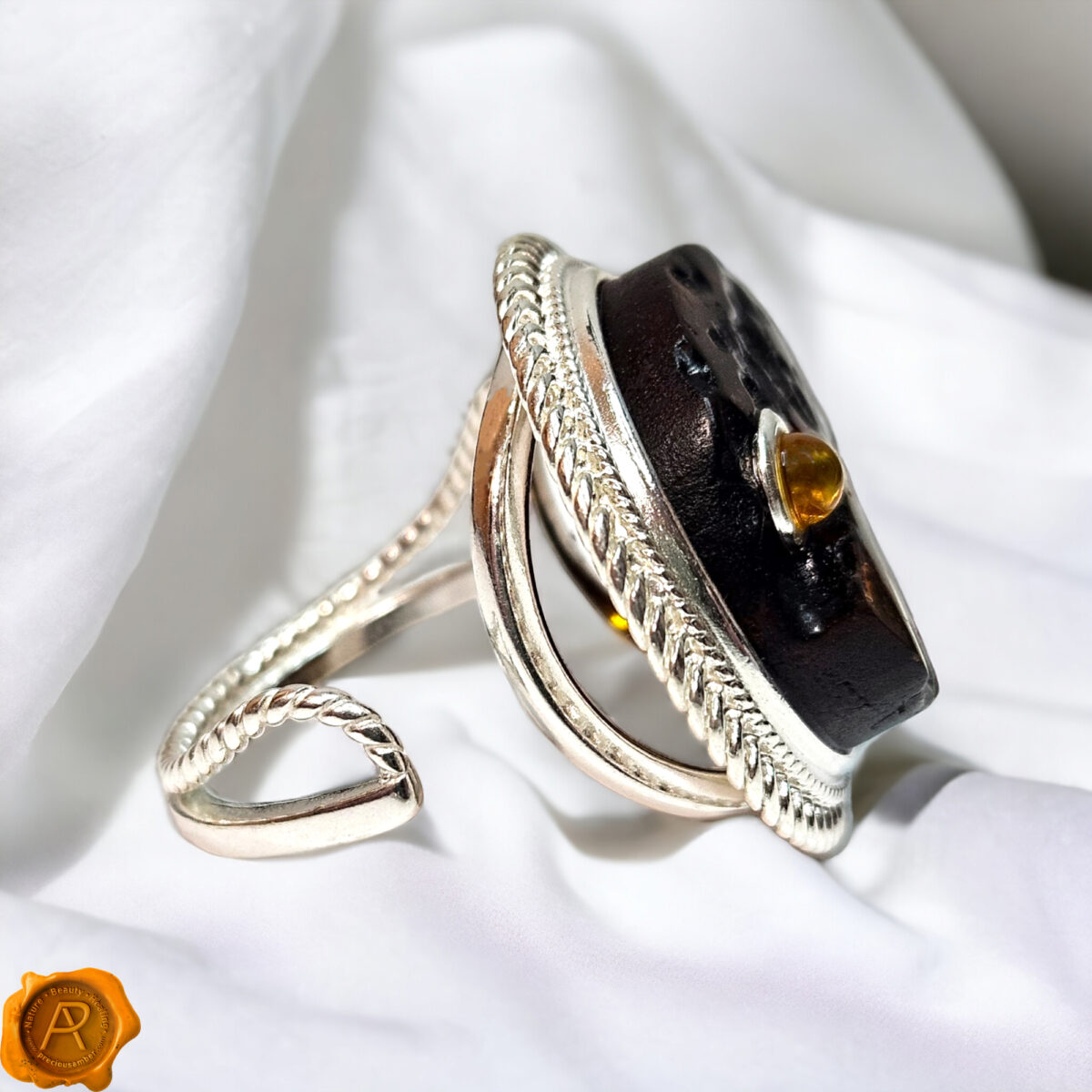 Adjustable Raw Amber Silver Protection Ring - Image 3