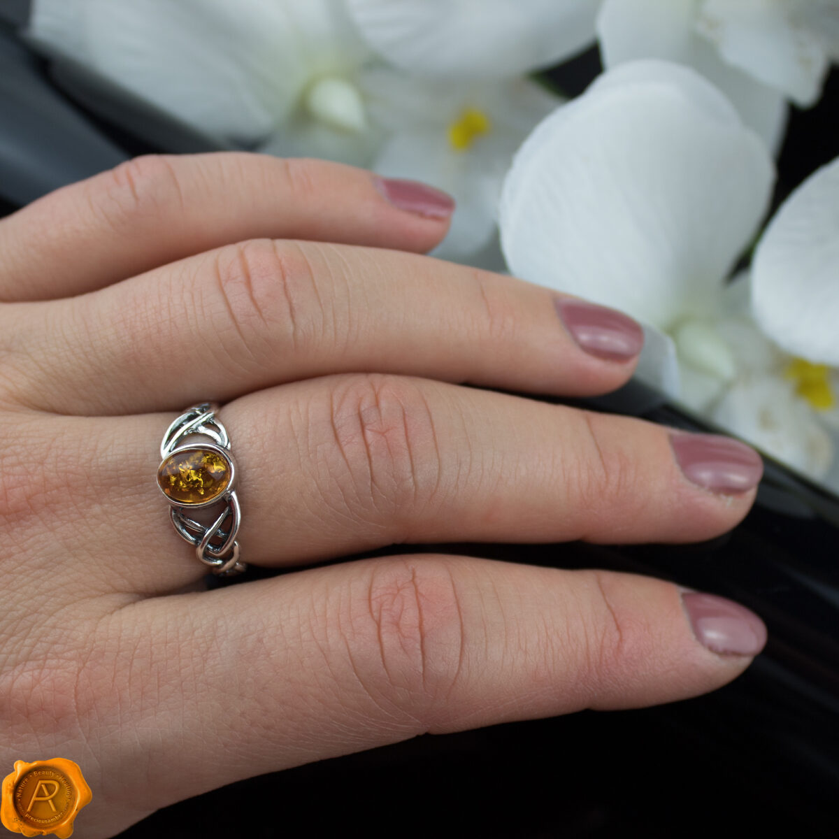 Celtic Cognac Amber Silver Ring - Image 2