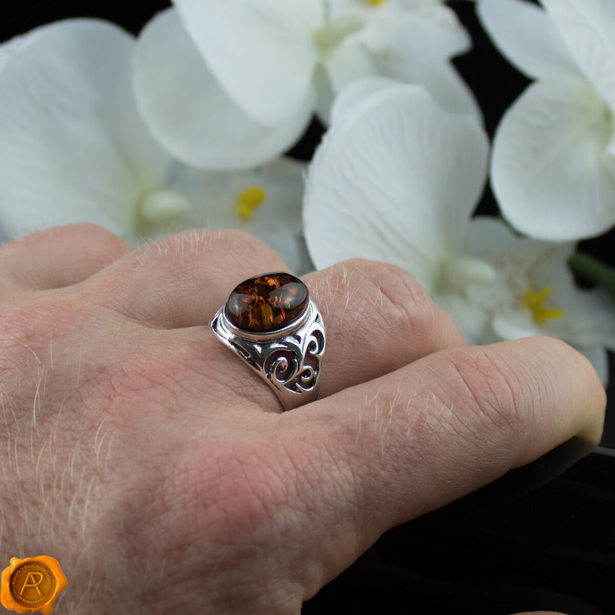 Men's Cognac Amber Silver Ring - Image 2