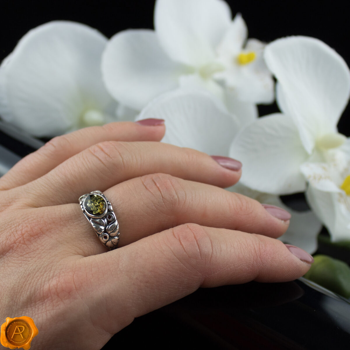 Green Amber Silver Ring - Image 2