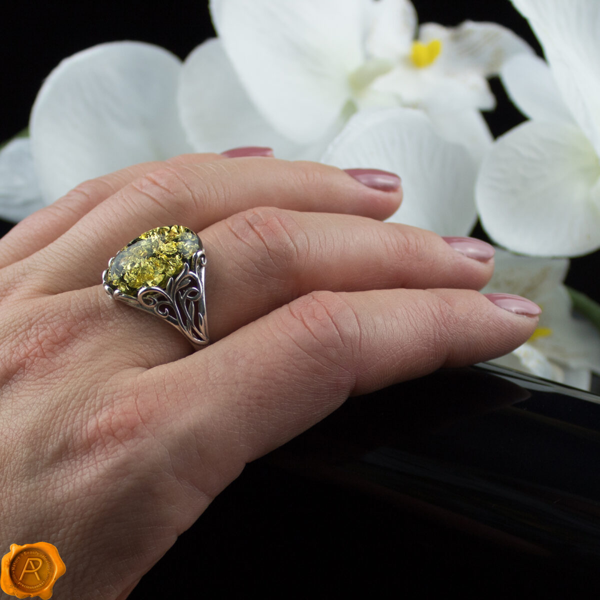 Green Amber Silver Ring - Image 2