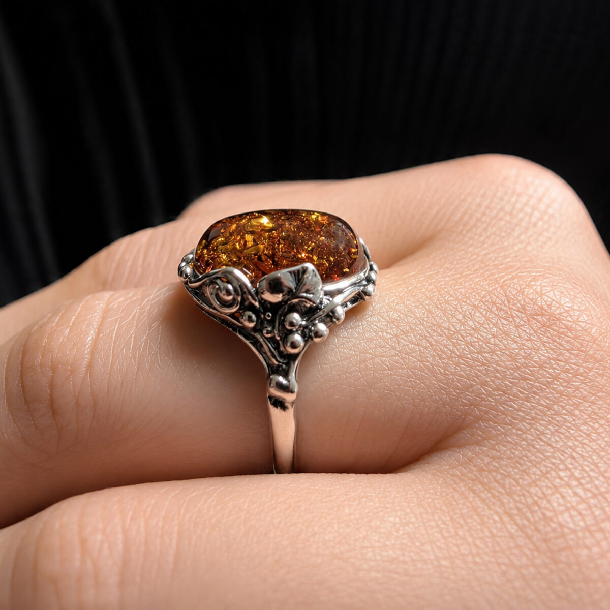 Honey Amber Silver Leaf Ring - Image 3