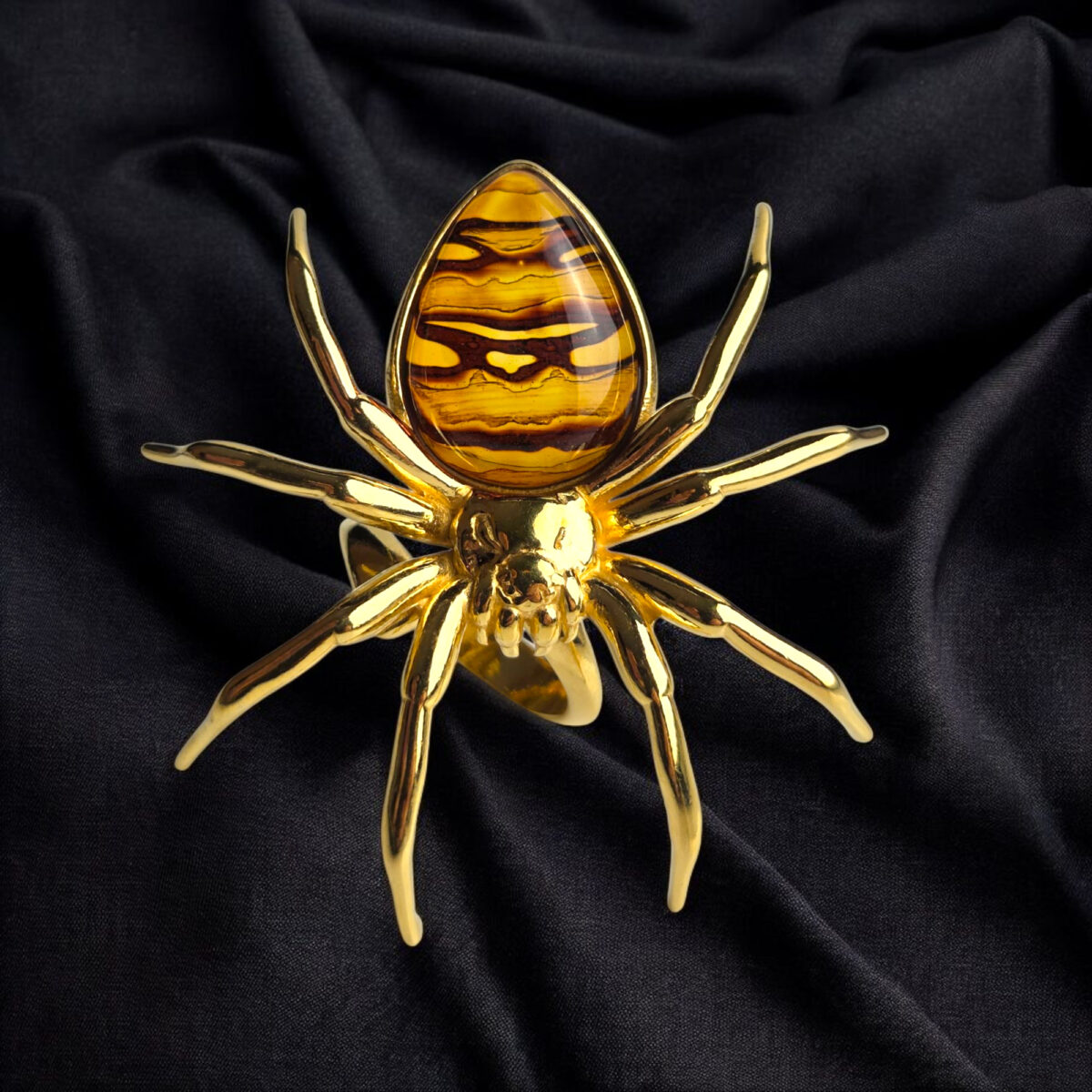 Adjustable Spider Ring Gold Baltic Amber Silver for Men Women, Large Gemstone Spiders Lover Gift, Arachnid Gifts, Natural Amber