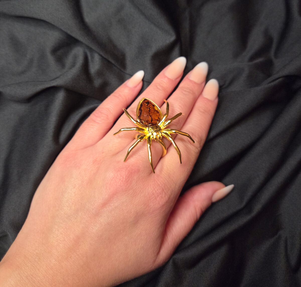 Adjustable Spider Ring Gold Baltic Amber Silver for Men Women, Large Gemstone Spiders Lover Gift, Arachnid Gifts, Natural Amber