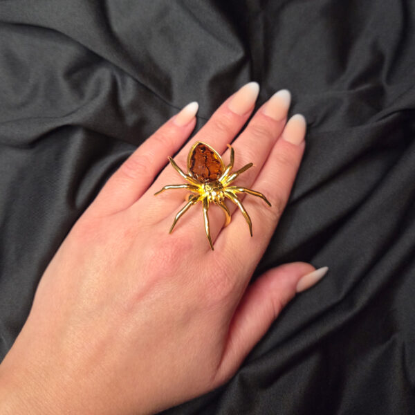 Adjustable Spider Ring Gold Baltic Amber Silver for Men Women, Large Gemstone Spiders Lover Gift, Arachnid Gifts, Natural Amber