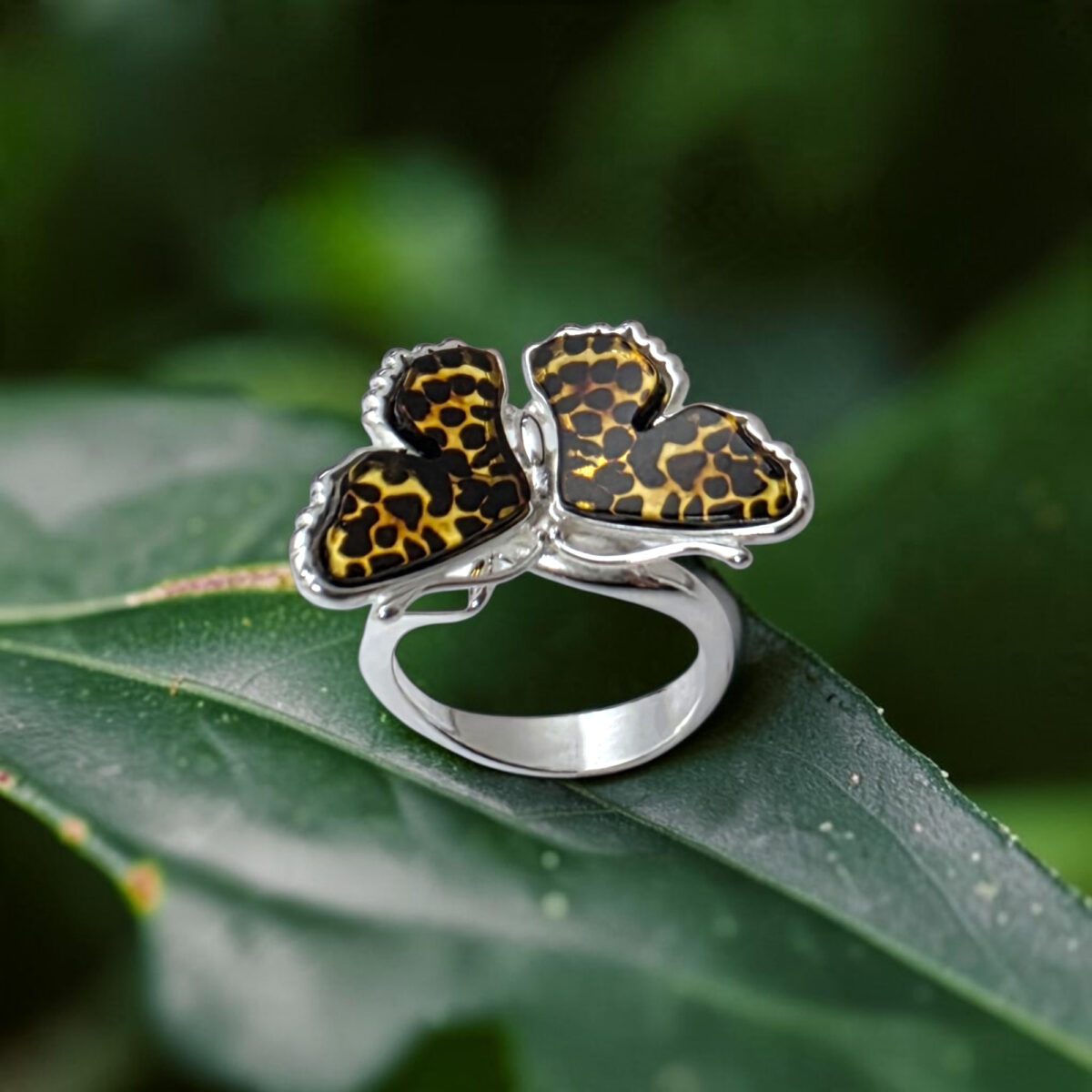 Leopard Butterfly Baltic Amber Ring Silver, Dainty Small Adjustable Gemstone Carved, Handmade Moth Lover Art Jewellery Gift Women