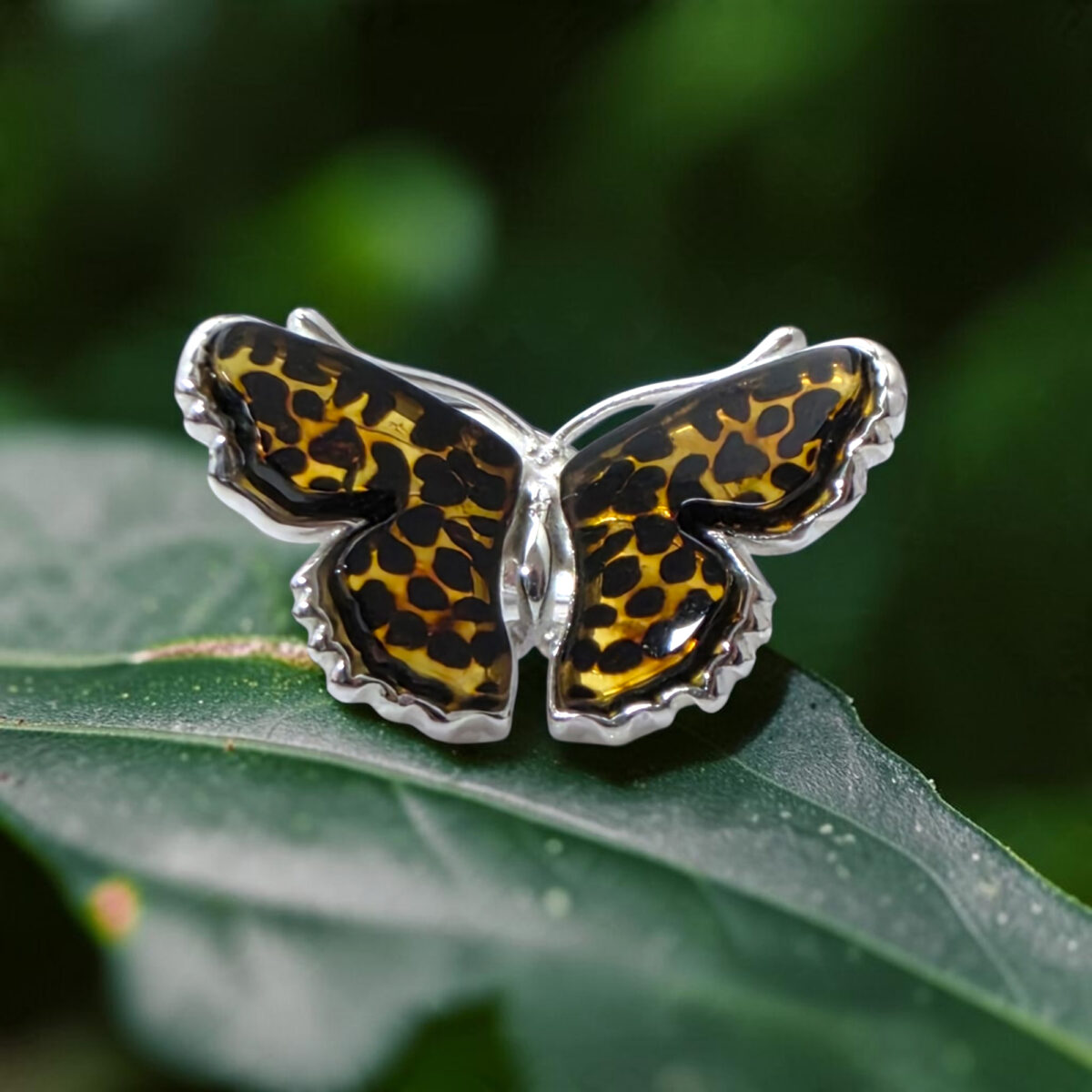 Adjustable Leopard Butterfly Amber Ring Silver - Image 4