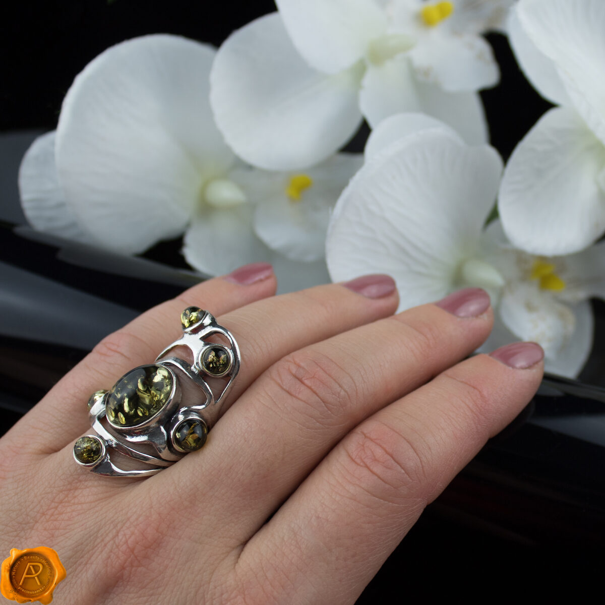 Large Green Amber Silver Ring - Image 2