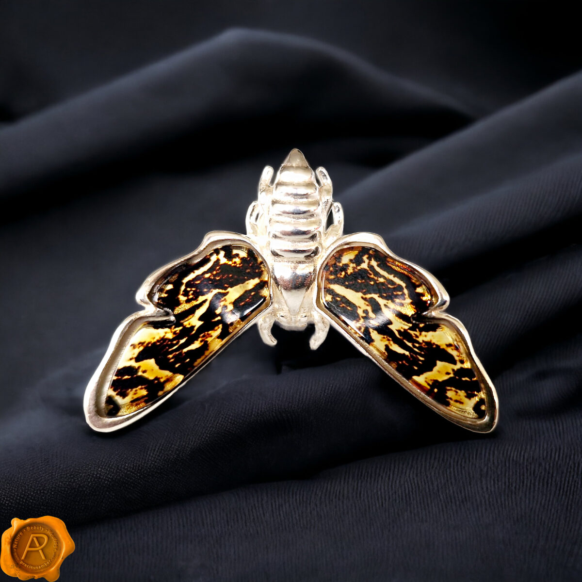 Adjustable Carved Amber Silver Moth Ring - Image 3