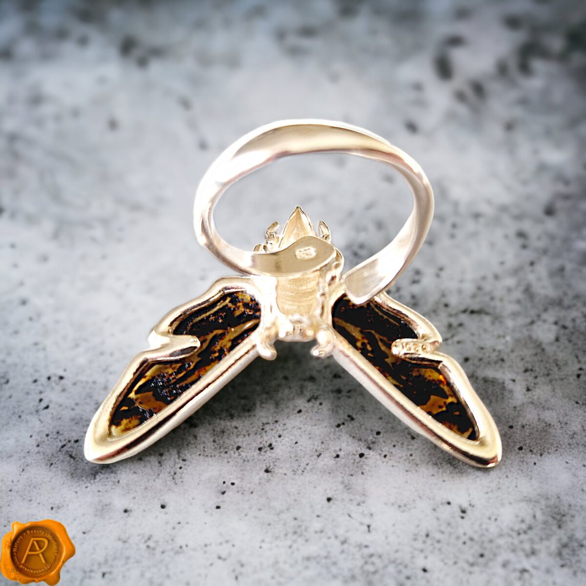 Adjustable Carved Amber Silver Moth Ring - Image 4