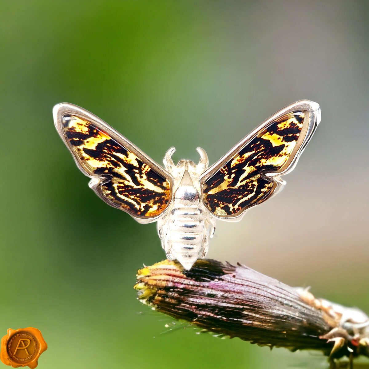 Adjustable Carved Amber Silver Moth Ring - Image 1