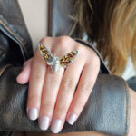 Adjustable Carved Amber Silver Moth Ring - Image 2