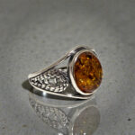 Large Honey Baltic Amber Sterling Silver Ring for Men Women, Unisex Natural Chunky Amber Stone Rings