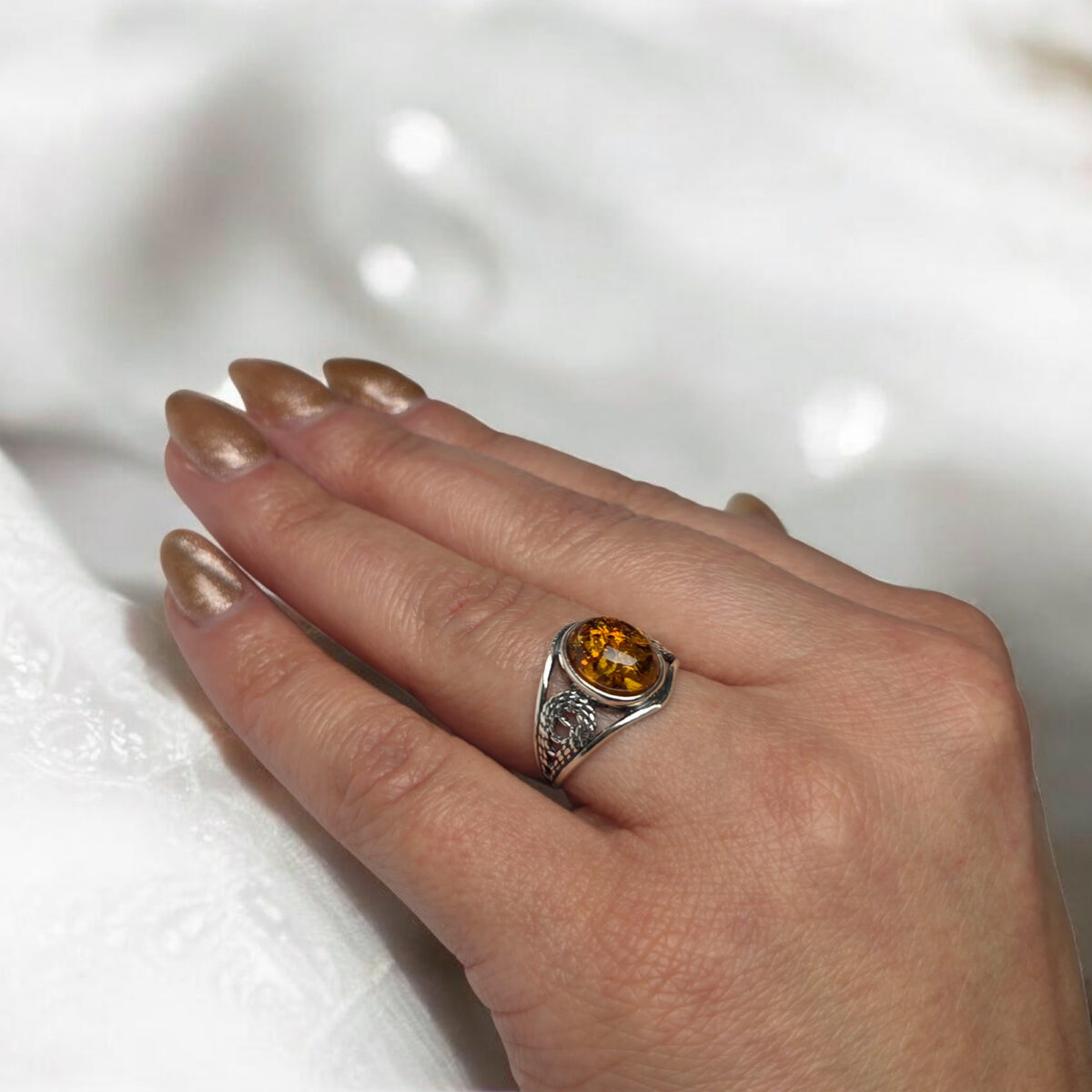 Honey Amber Silver Unisex Ring - Image 2