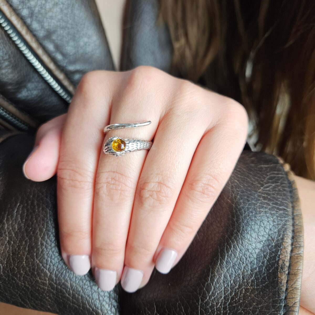 Adjustable Amber Silver Snake Ring - Image 2