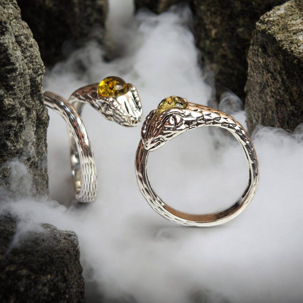 Silver Snake Ring Adjustable Baltic Amber Gemstone Snake Lover Jewellery Gifts
