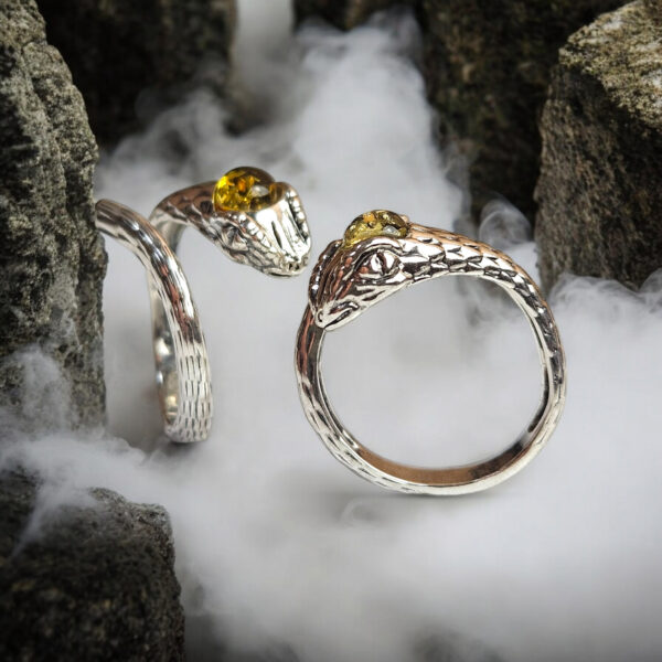 Silver Snake Ring Adjustable Baltic Amber Gemstone Snake Lover Jewellery Gifts
