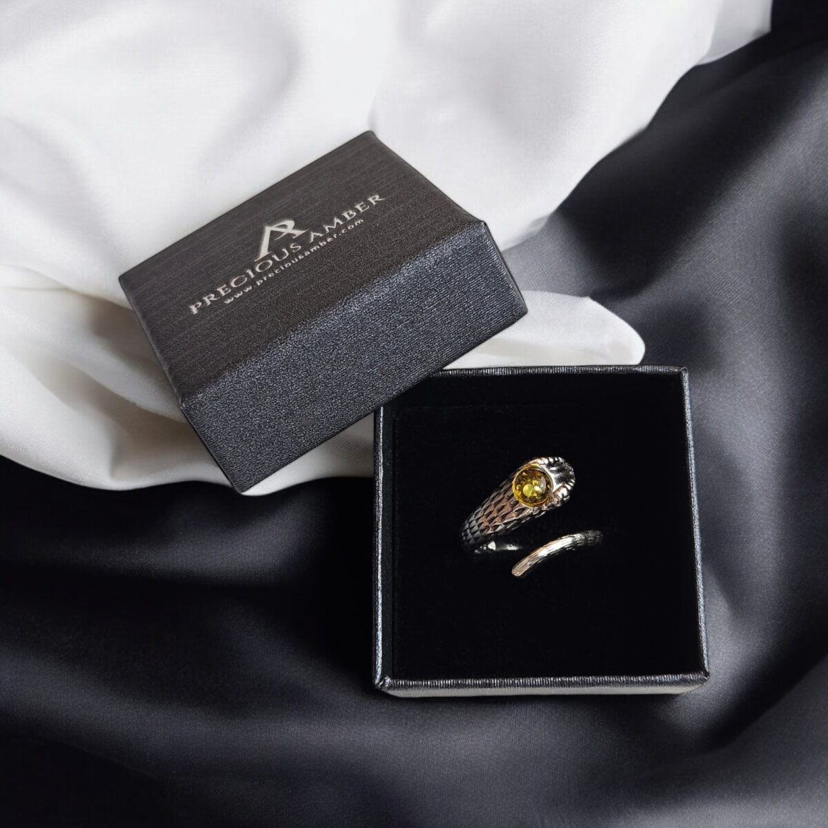 Adjustable Amber Silver Snake Ring - Image 5