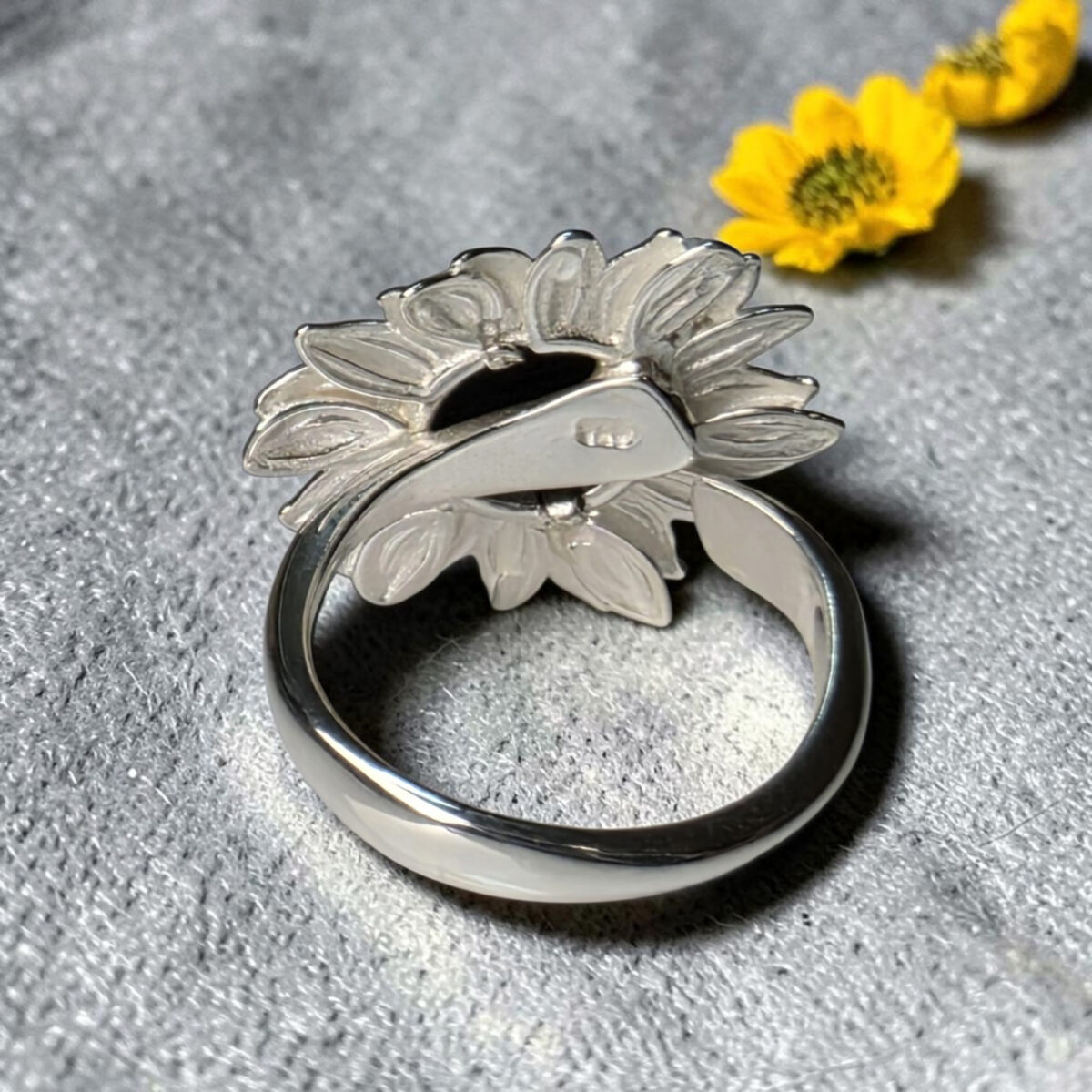 Carved Black Baltic Amber Sunflower Ring, Gemstone & Sterling Silver Adjustable Band
