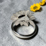 Carved Black Baltic Amber Sunflower Ring, Gemstone & Sterling Silver Adjustable Band