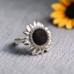 Carved Black Baltic Amber Sunflower Ring, Gemstone & Sterling Silver Adjustable Band
