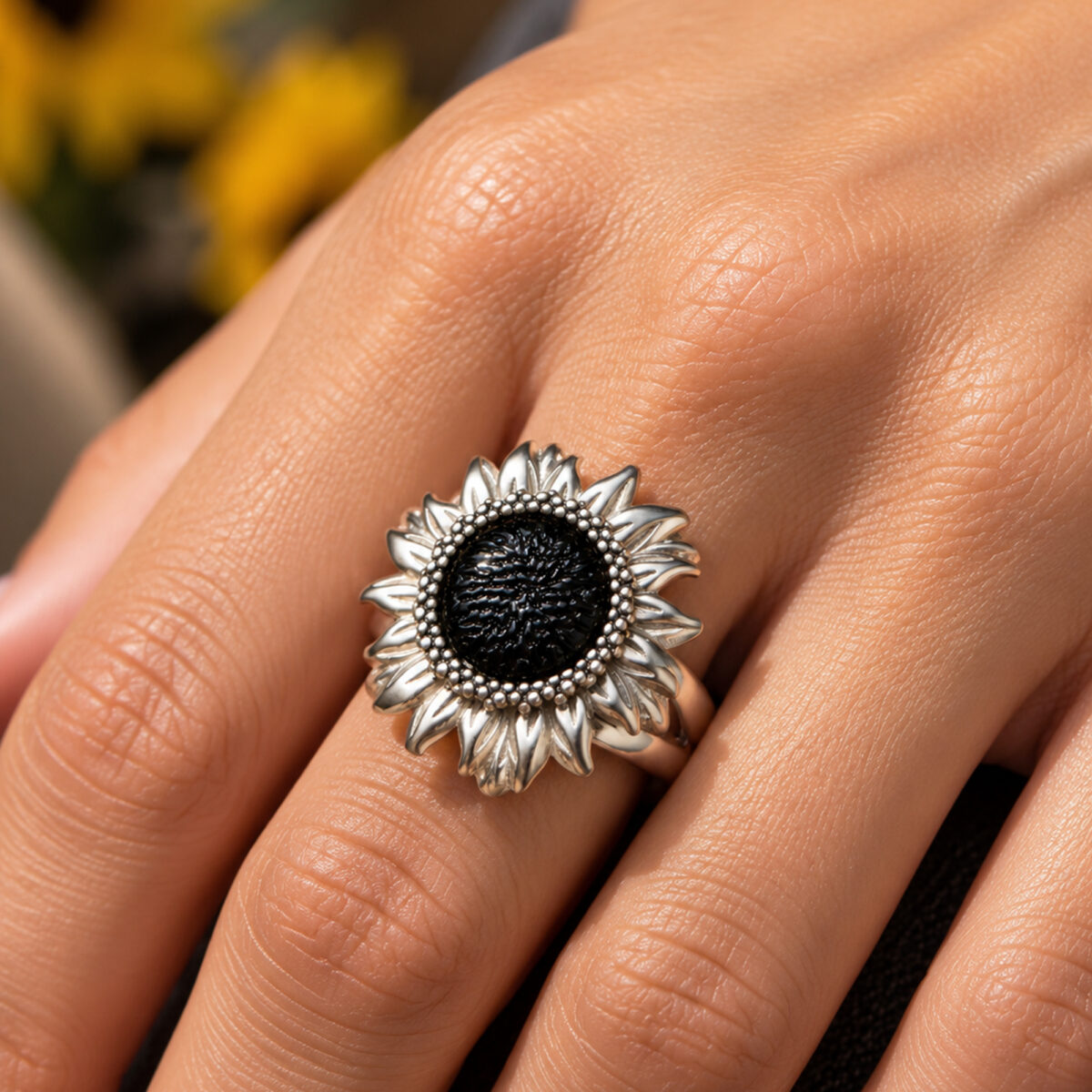 Carved Black Baltic Amber Sunflower Ring, Gemstone & Sterling Silver Adjustable Band