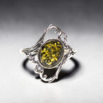 Vintage Green Baltic Amber Ring Silver, Large Natural Gemstone Green Stone Rings for Women Wife Mother