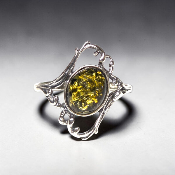 Vintage Green Baltic Amber Ring Silver, Large Natural Gemstone Green Stone Rings for Women Wife Mother