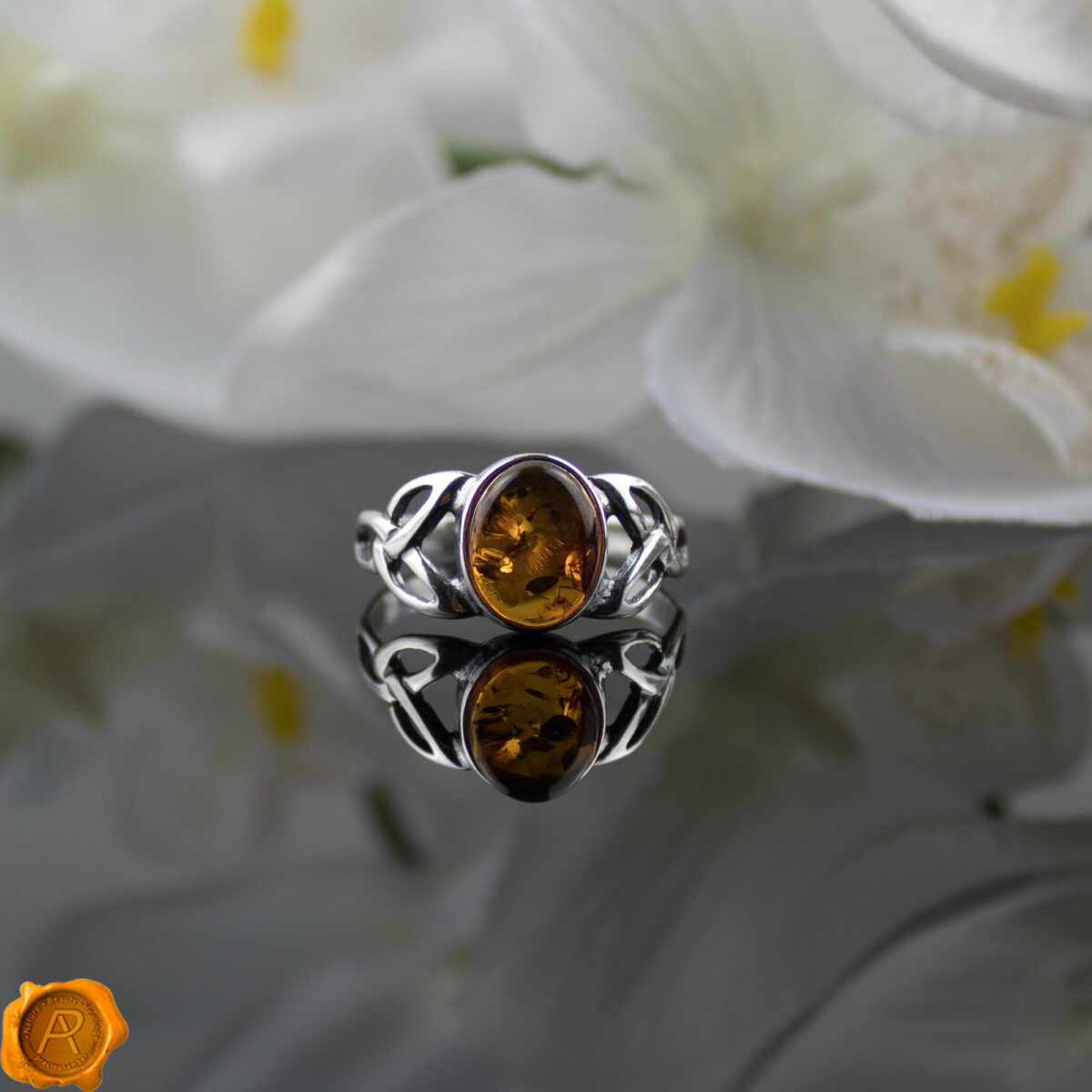 Celtic Cognac Amber Silver Ring - Image 1