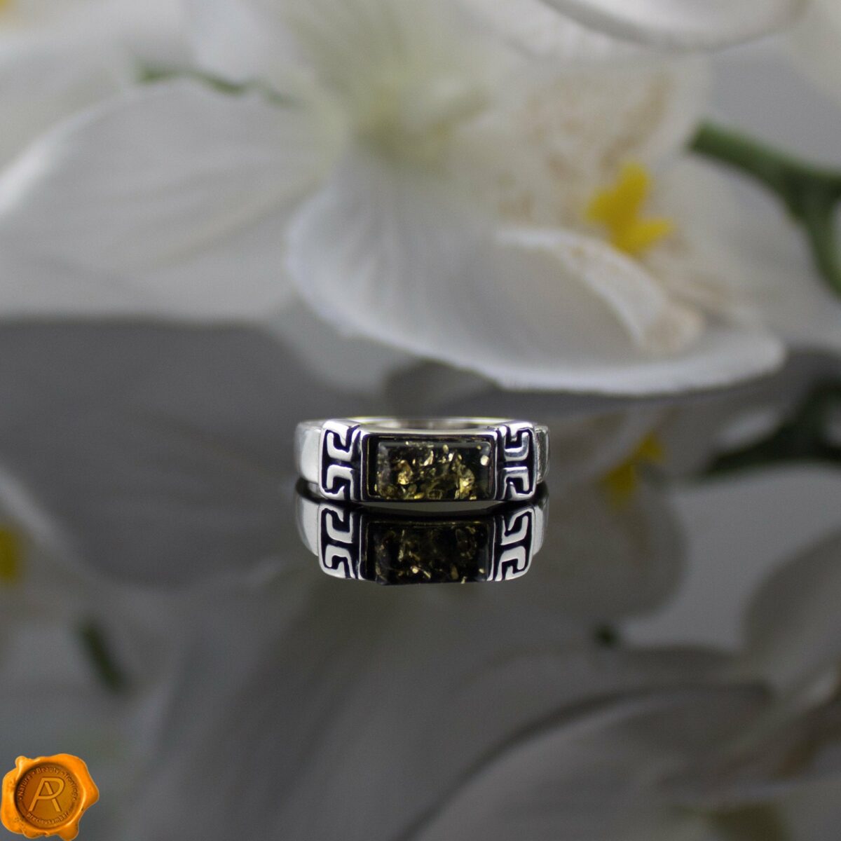 Celtic Green Amber Ring - Image 1