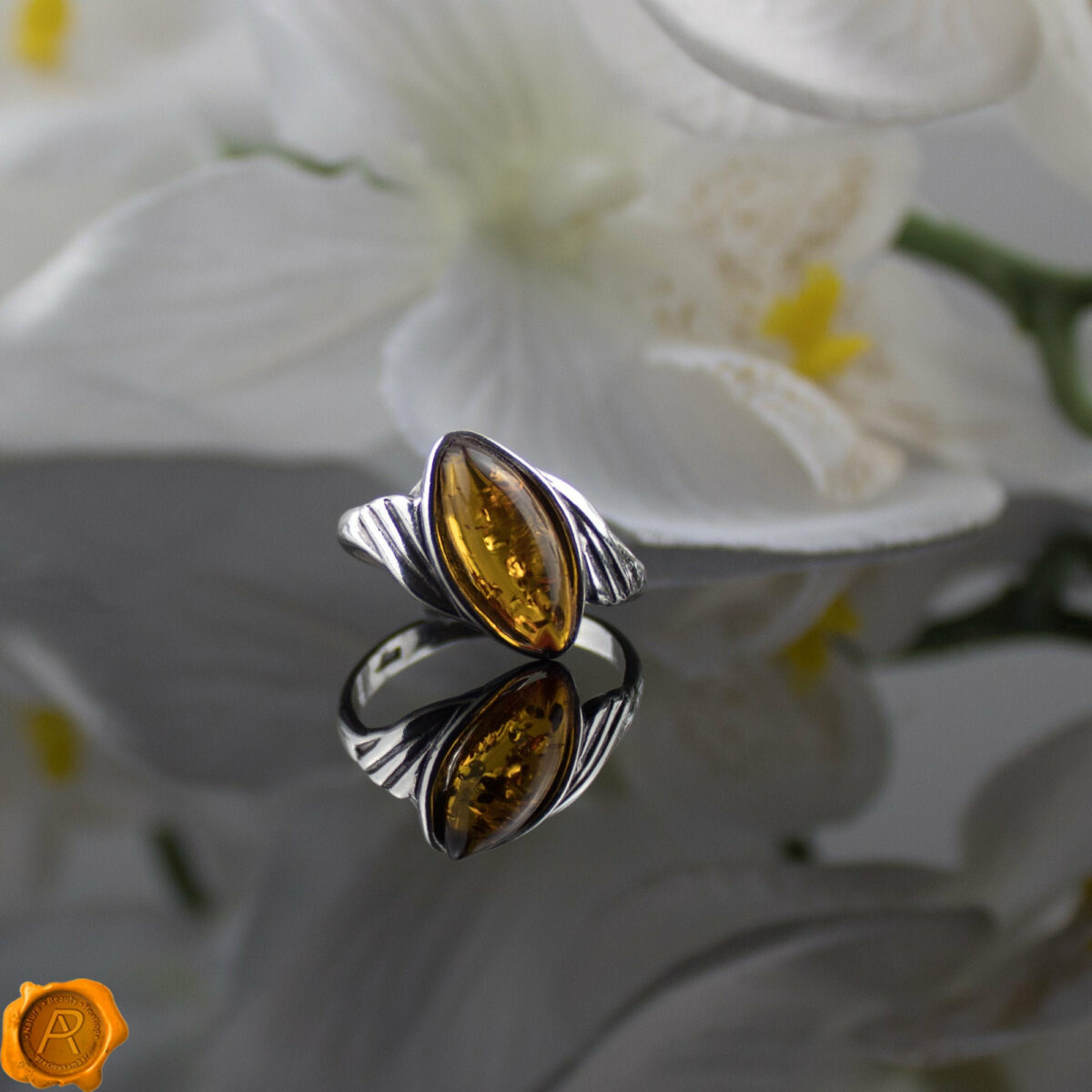 Cognac Amber Silver Ring - Image 1