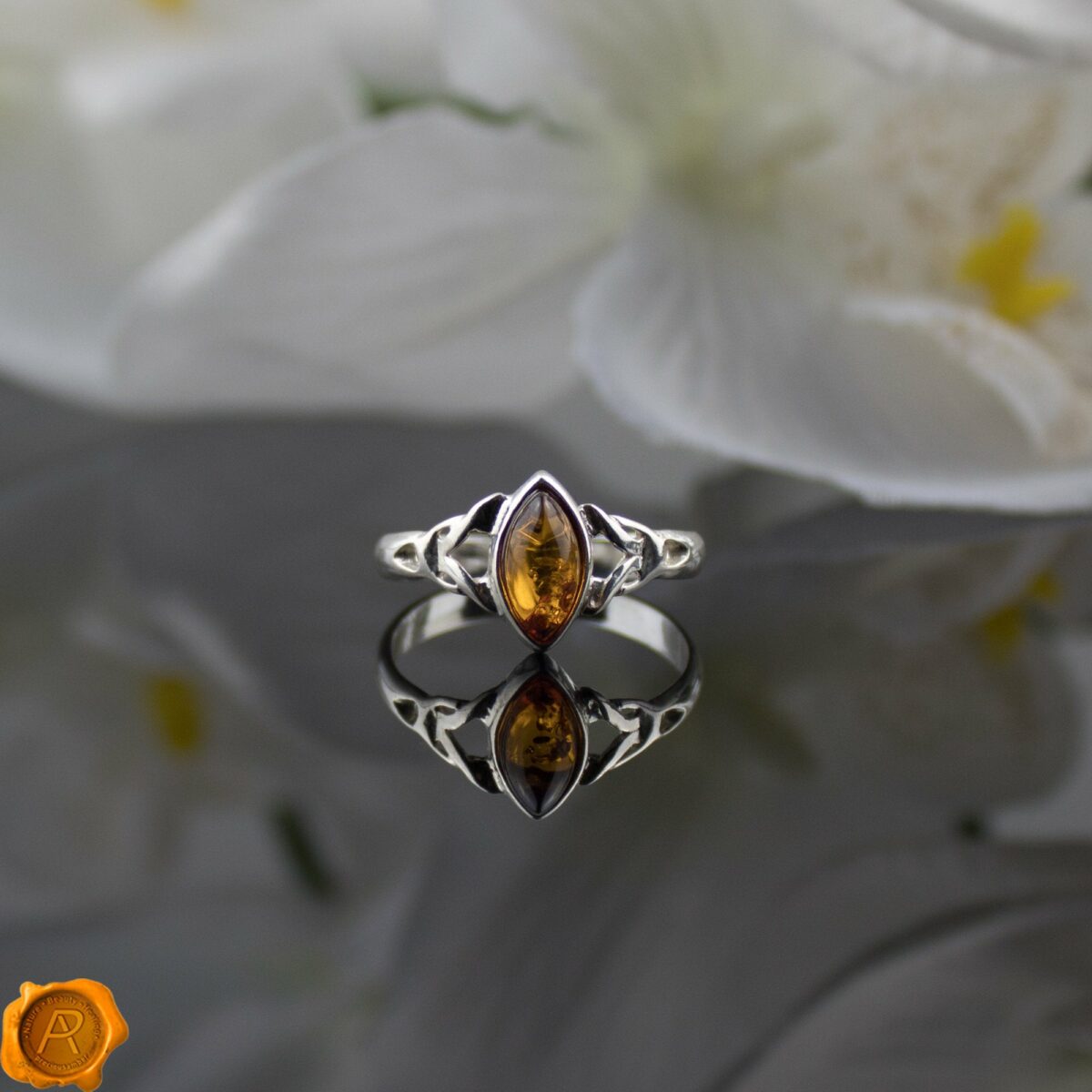 Celtic Honey Amber Silver Ring - Image 1
