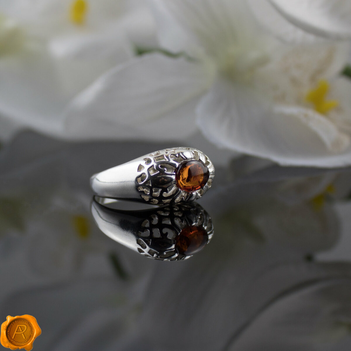Large Cognac Amber Silver Ring - Image 3