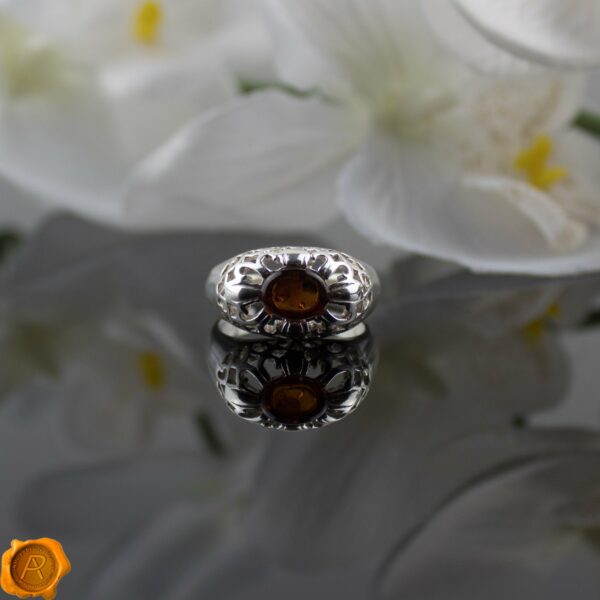 Large Cognac Amber Silver Ring