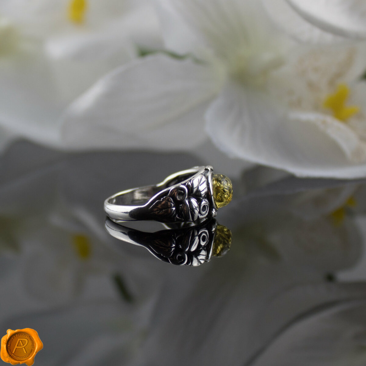 Green Amber Silver Ring - Image 4