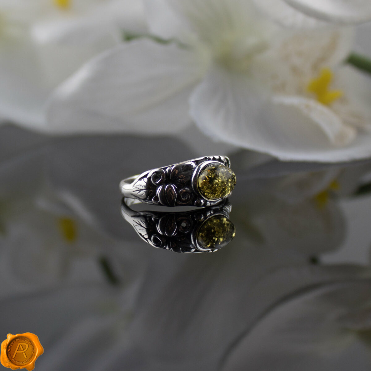 Green Amber Silver Ring - Image 3
