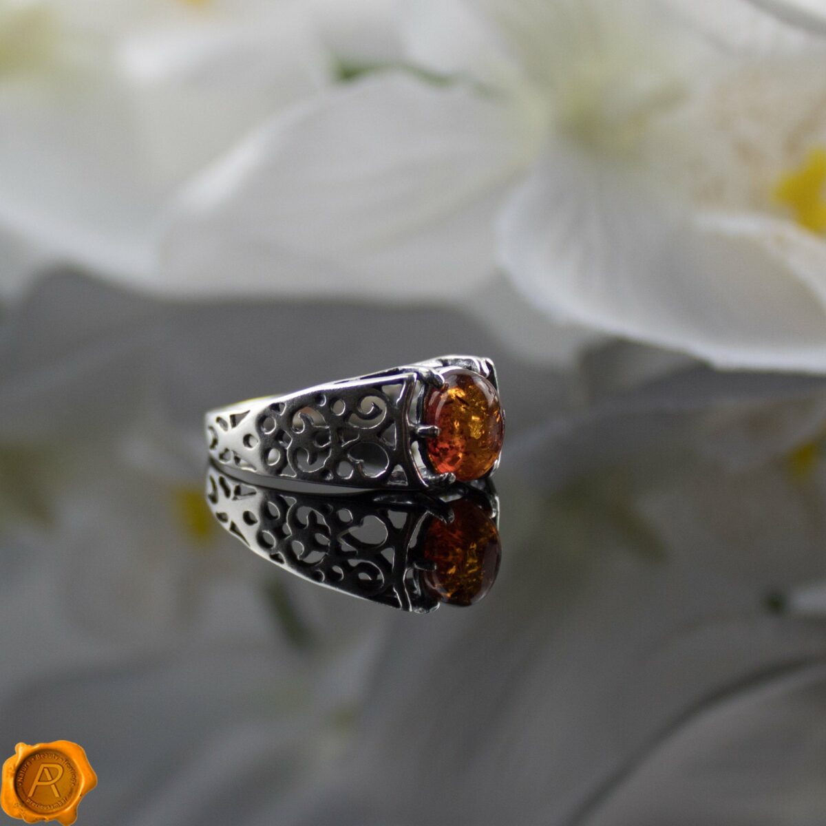 Unisex Amber Silver Ring - Image 3