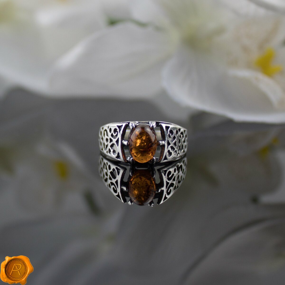 Unisex Amber Silver Ring - Image 1