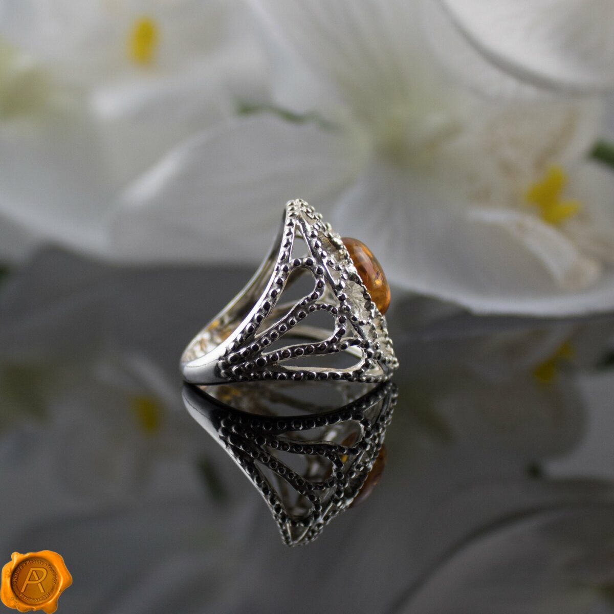 Large Cognac Amber Silver Ring - Image 3