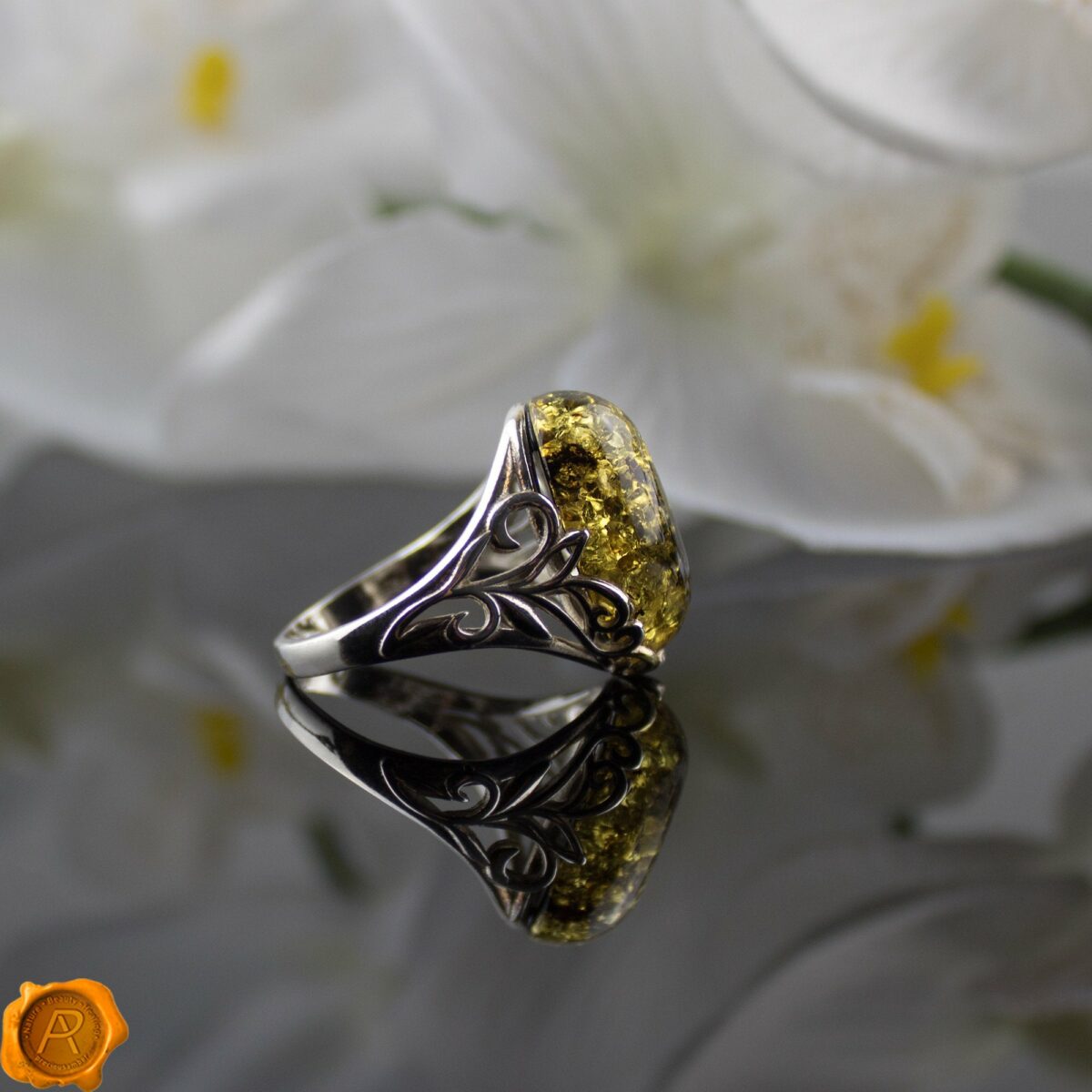 Green Amber Silver Ring - Image 4