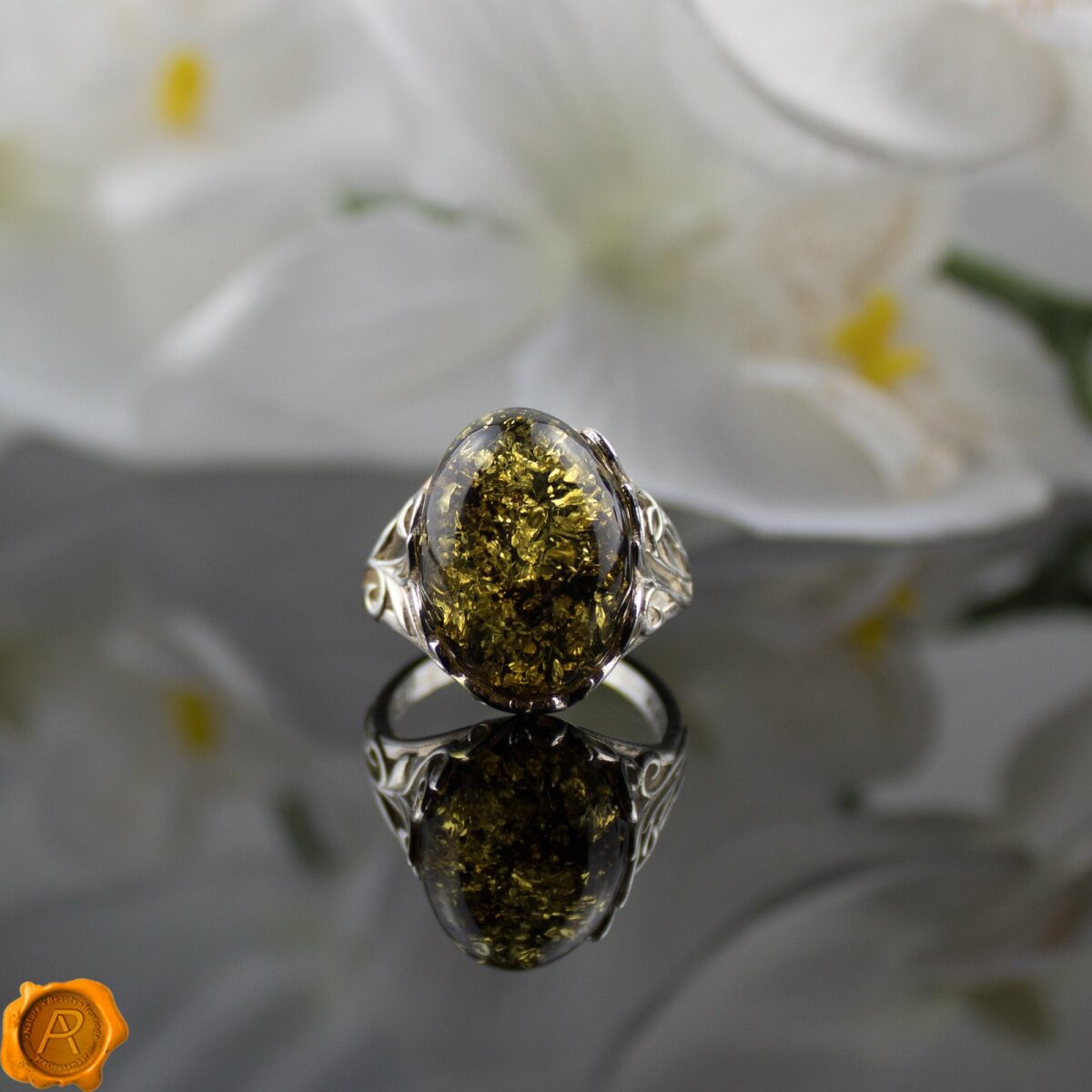 Green Amber Silver Ring - Image 3